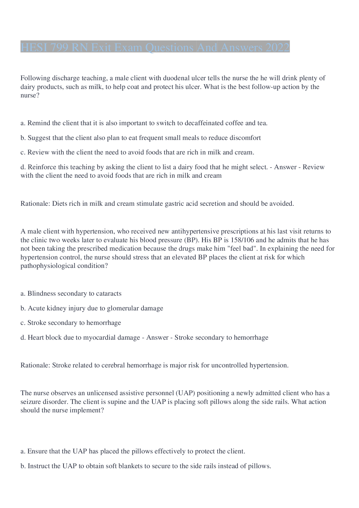 Preview image for HESI 799 RN Exit Exam Questions And Answers 2022